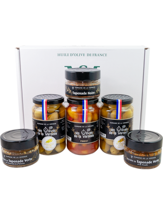 Coffret 2 Olives Nature + 1 Piment - 3 Spécialités de Tapenade Vertes H. de Provence, Amandes et Tomate