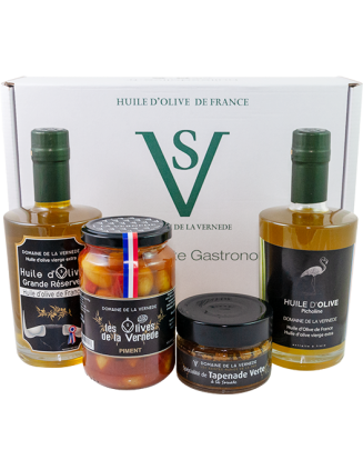 Coffret Quatro: 1 Huile Grande Réserve-1 Huile Picholine - 1 pot Olives Piment - 1 Tapenade Tomate