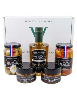 Coffret 1 Huile d'Olive - 2 Olives Nature + Piment - 2 Spécialités de Tapenades Vertes Amande et Tomate